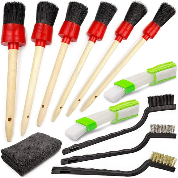 Car Detailing Brushes Set, 6pcs Detail Brushes, 3pcs Wire Brush, 2pcs Air Conditioner Brush and Microfiber Cloth for Cleaning Wheels, Interior, Exterior, Leather, Motorcycle