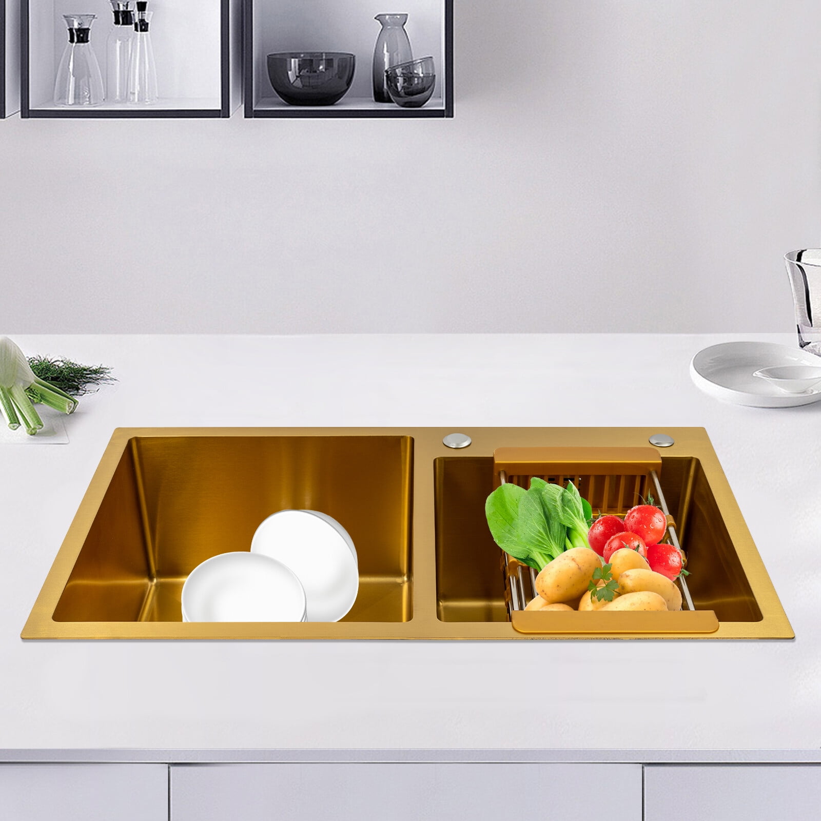 Gold Rectangular Stainless Steel Undermount Kitchen Sink, 80*45 cm Stainless Steel Kitchen Sink 2 Bowls 198.42 lbs Capacity Used in Kitchens, Bathrooms, Restaurants