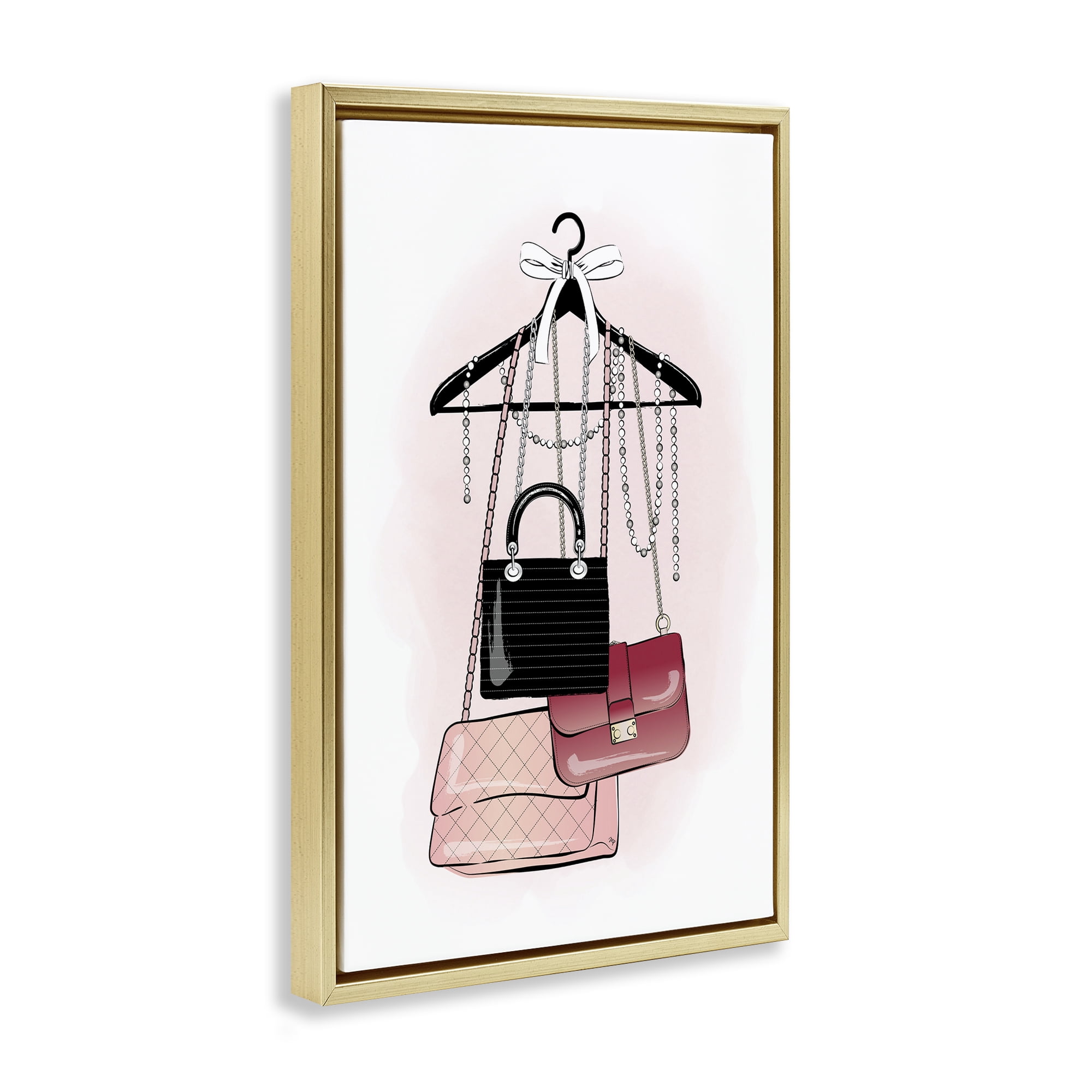Stupell Industries Glam Handbags Hanging Beauty & Fashion Painting Gold Floater Framed Art Print Wall Art, 21 x 31