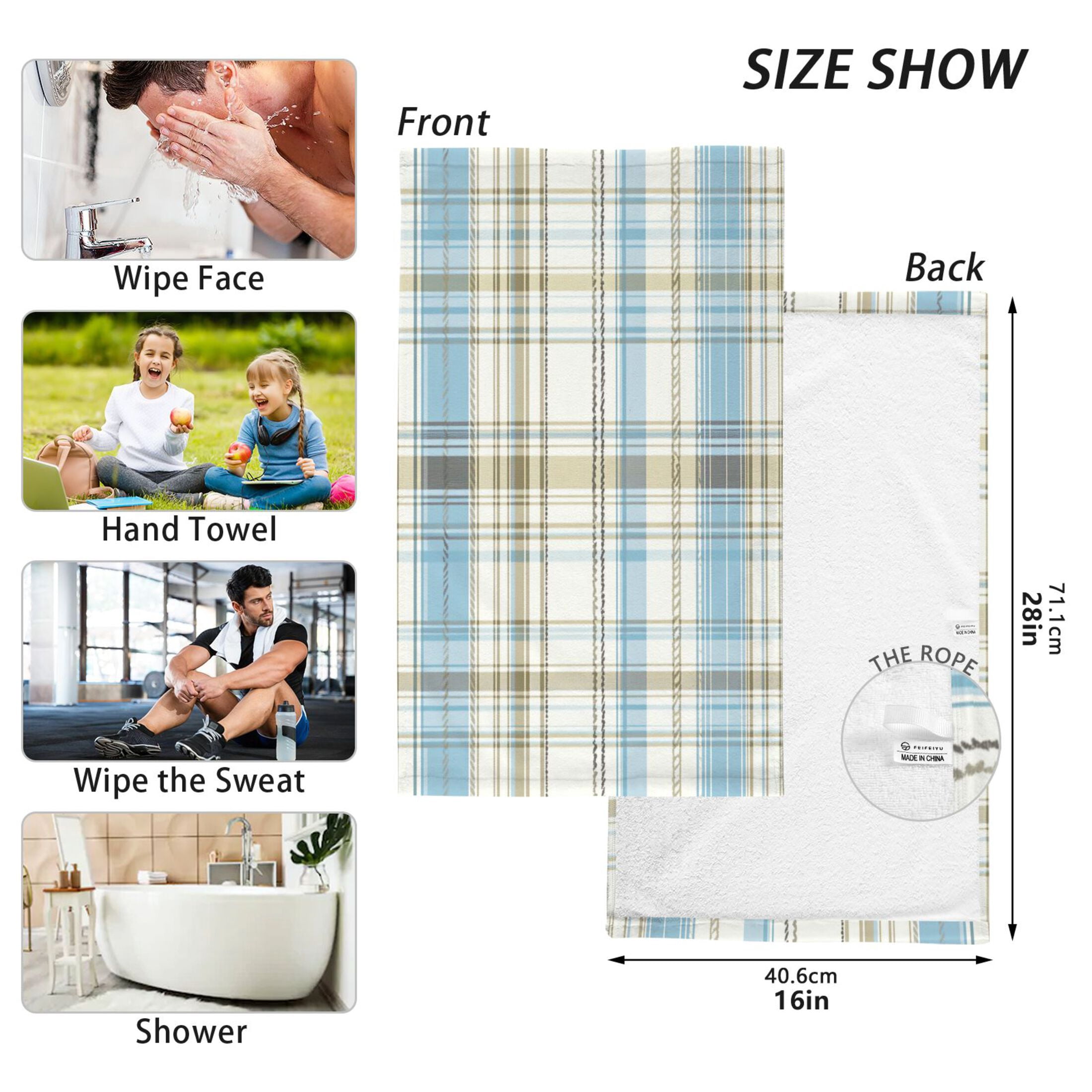 2 Pcs Absorbent Face Towel Bath Hand Towels Soft Breathable Cotton Towel Set for Bathroom Kitchen Hotel Spa Decor Light Blue and Brown Tartan