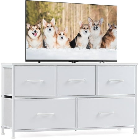 ZOPan White 5 Drawers Dresser for Bedroom Wood Top Organizer Fabric Storage Drawers