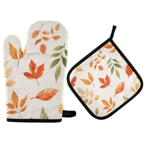 Yayeee Oven Mitts and Pot Holder Set of 2 Heat Resistant Kitchen Gloves Baking Hot Pad, Beige Autumn Leaves