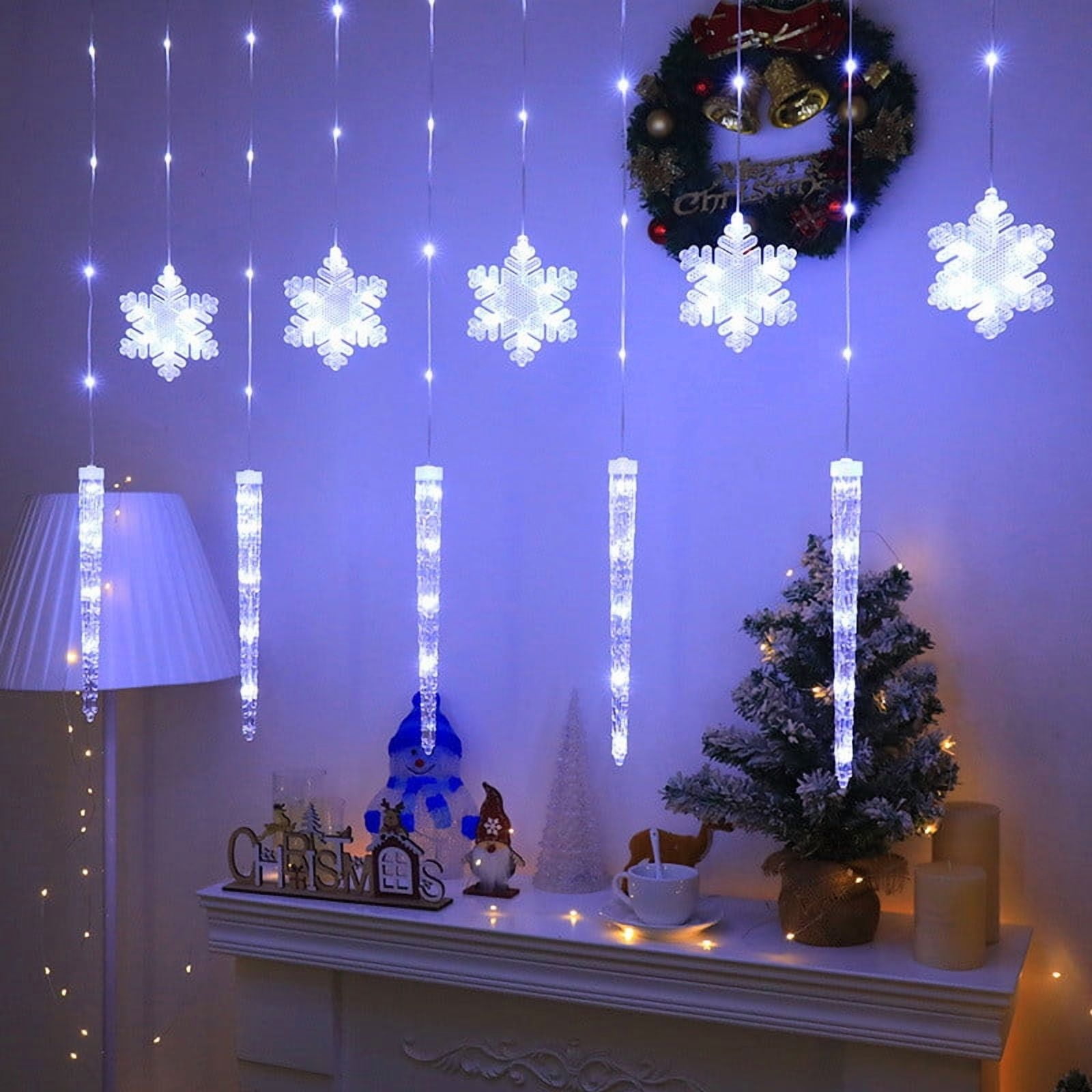 REZUOFI 2 Pcs Christmas Curtain Lights Outdoor Waterproof LED Icicle Snowflake String with Remote Control, 8 Modes, Warm White & Multicolor for Holiday Decor