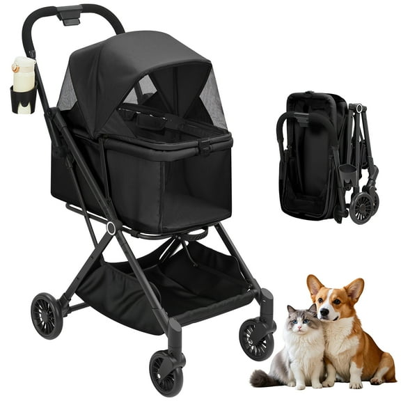 Foldable Pet Stroller for Small Dogs & Cats,Lightweight Dog Stroller with 360° Shockproof Wheels,Airline Approved Carrier with Storage Basket & Sun Canopy for Outdoor Walking, Jogging,Travel