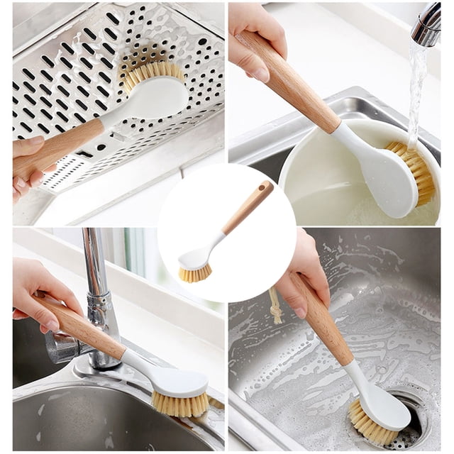 Cepillo para platos de cocina de 10.2 pulgadas | Fregadora de macetas con mango de madera | Mango largo ergonómico | Cerdas de fibra que no rayan | Orificio para colgar | Limpiador de fregadero