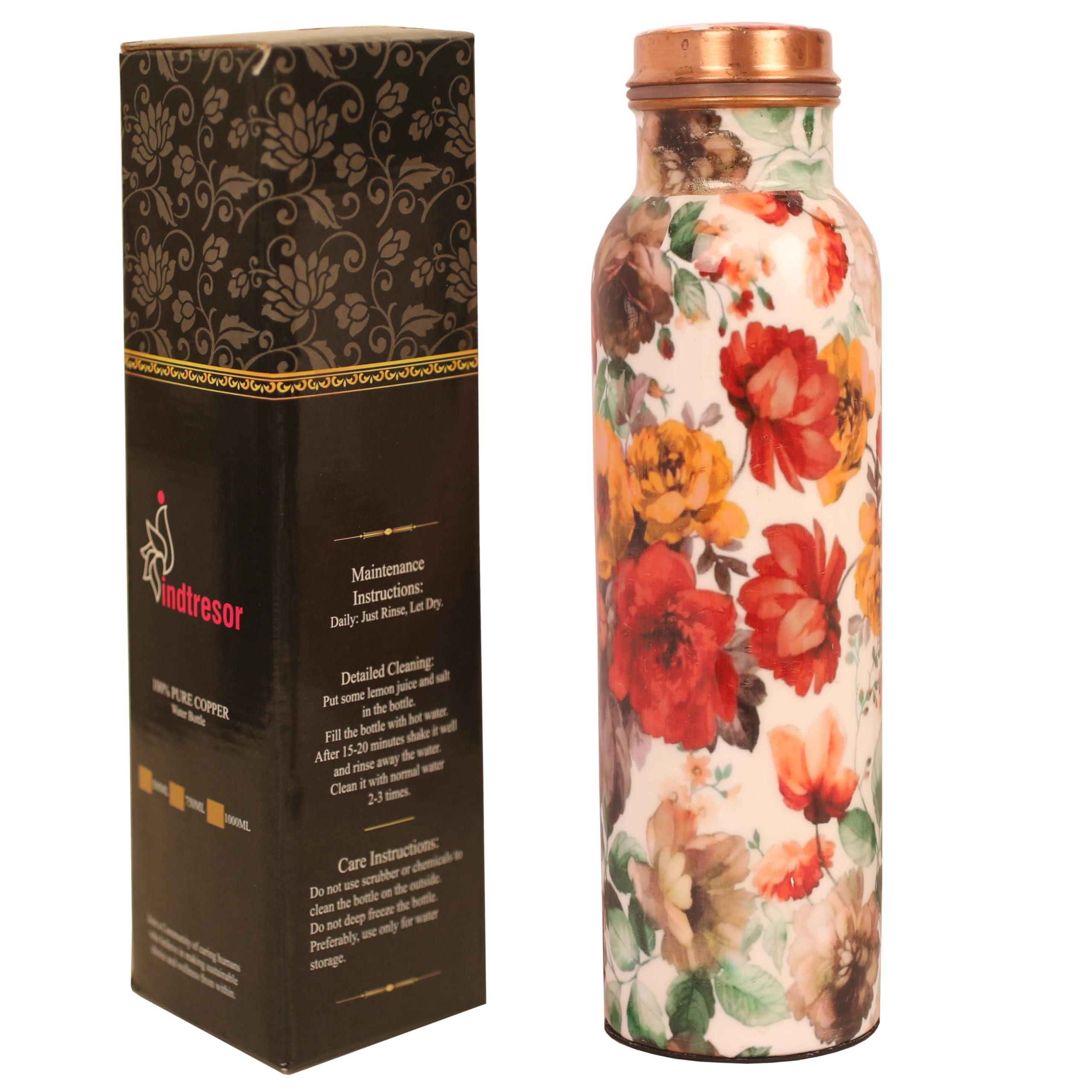 Indtresor Pure Copper Water Bottle - Handcrafted - Ayurveda health benefits - Large 35 oz - Leak proof - Easy to carry for Sports, Fitness, Yoga, School - White Base Floral Vintage Colors Enamel