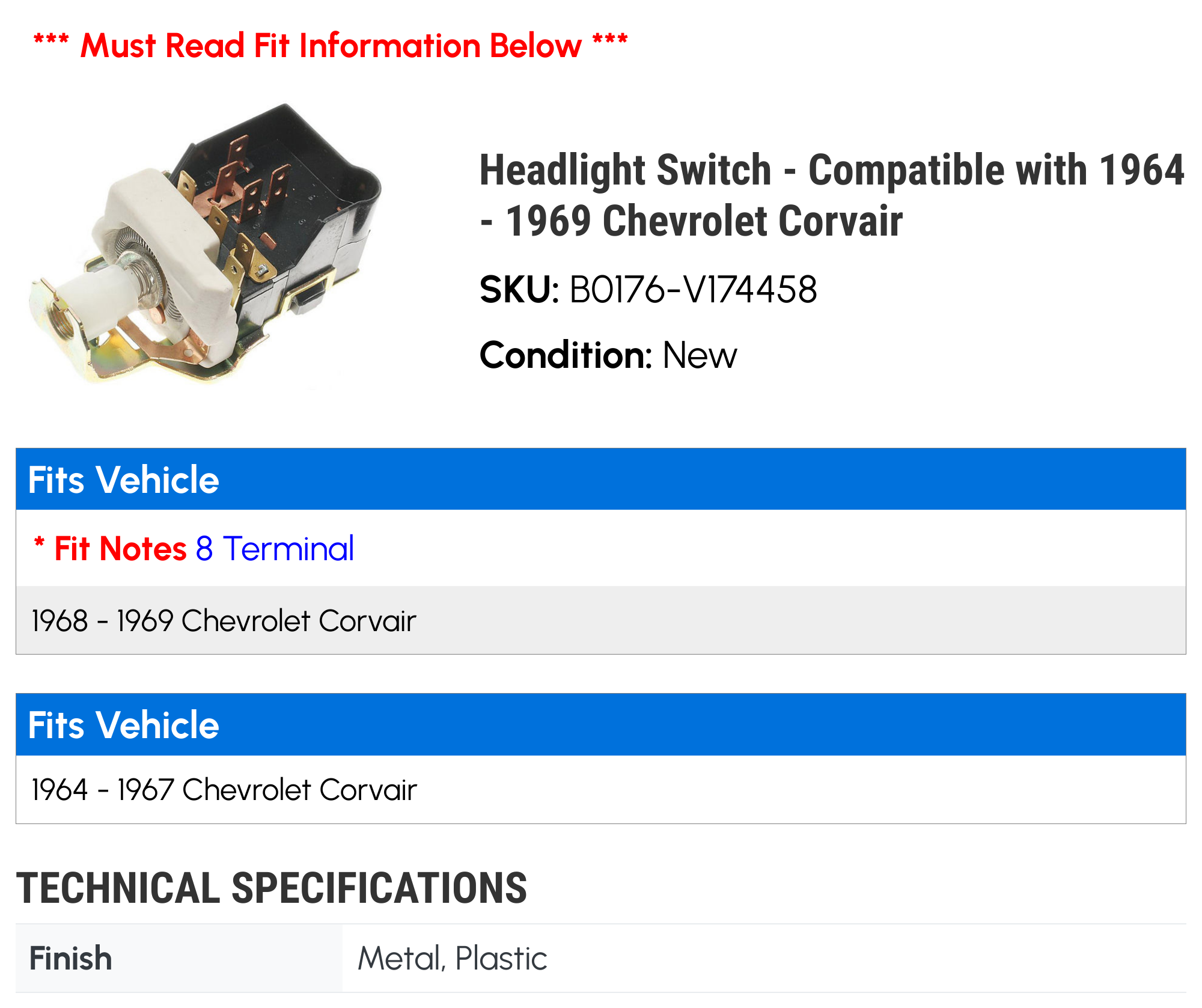 Vintage Headlight Switch – Fits Chevy Corvair, Nova, Buick Skylark, Impala, GMC – 1995096 / 726