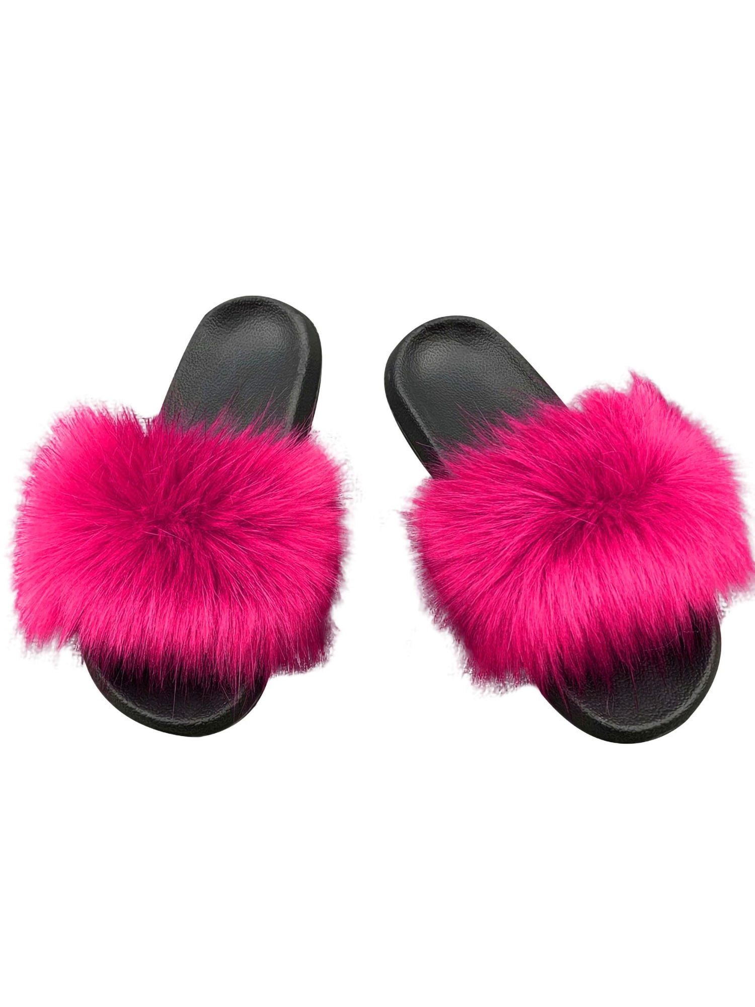 Women Flat Faux Fur Fluffy Sliders Slippers Sandals Flip Flop Slip On Shoes Size 