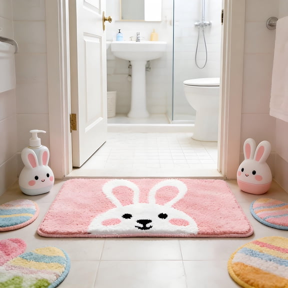 Easter Decorations Bath Mat, Soft Carpet Bathroom Rugs with Easter Bunny Patterns, Washable Floor Mats for Home Entryways, Porches & Bath, Pink