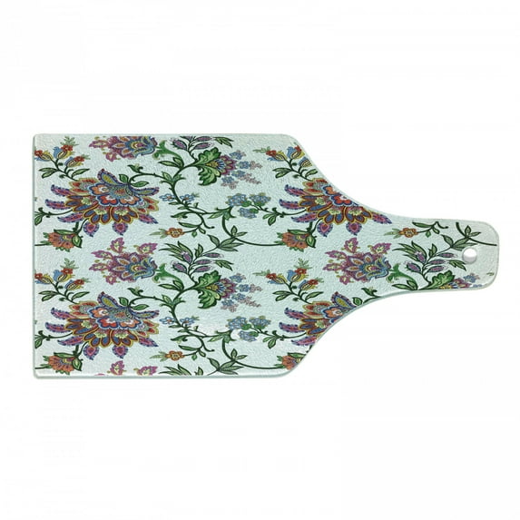 Floral Cutting Board, Vintage Style Ornamental Flower Motifs Flourishing Romantic Spring Leaves Art, Decorative Tempered Glass Cutting and Serving Board, Wine Bottle Shape, Multicolor, by Ambesonne