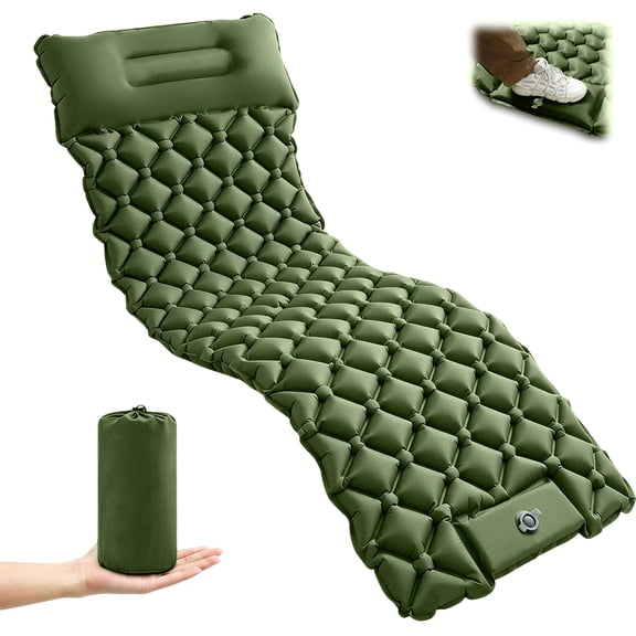 Camping Sleeping Pad, Ultralight Camping Mat with Pillow, Camping Mattress Pad Built-in Foot Pump Inflatable Sleeping Pads Waterproof Compact for Camping Backpacking Hiking Traveling Tent, Green