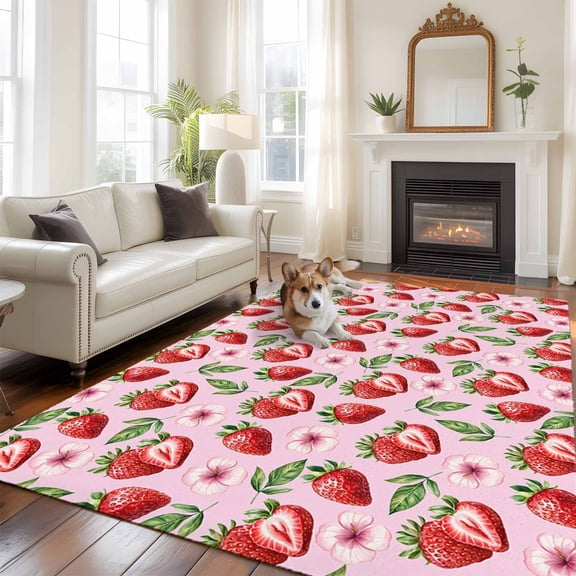 5'x8' Area Rugs, Red Strawberry Indoor Outdoor Area Rug for Living Room Bedroom, Summer Fruit Green Leaf Pink Watercolor Washable Bathroom Rugs Kitchen Floor Carpet Mats Home Decor Aesthetic