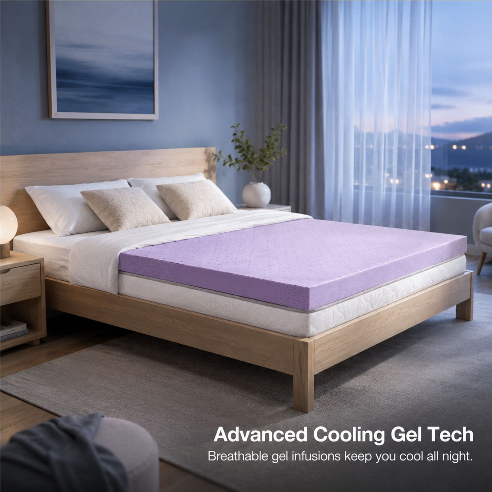 Alvantor 2 Inch Gel Memory Foam Mattress Topper, Ventilated Soft Pressure Relieve Mattress Pad, Breathable Bed Topper, Home Essential, Suitable for All Ages, Purple