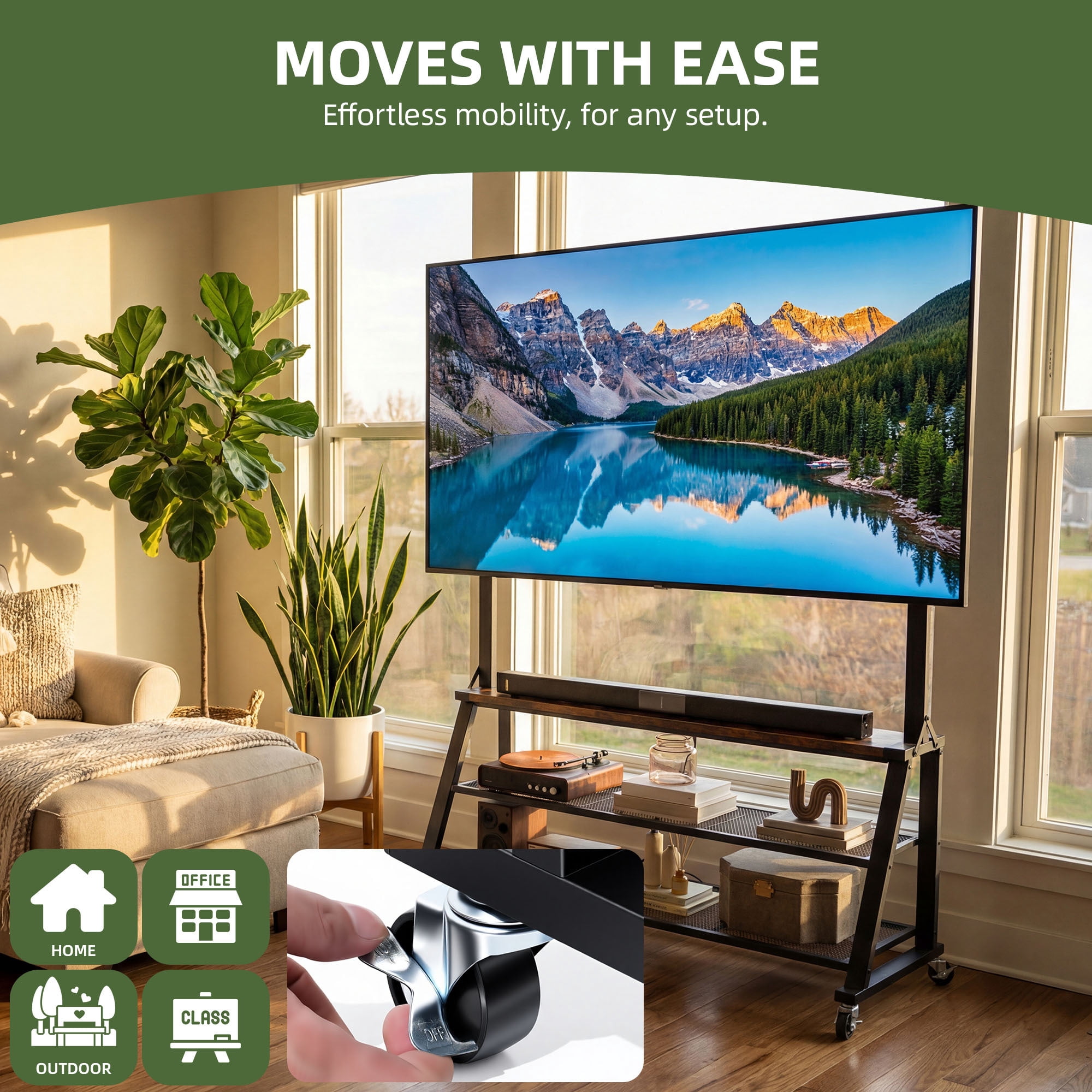 Uforic 46"W Rolling TV Stand with Lockable Wheels & Power Outlets, Mobile Cart for 32-75 Inch TVs, Rustic Brown
