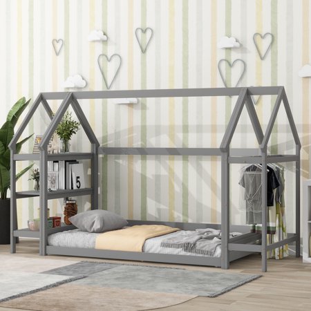 Twin House-Shaped Floor Bed with 2 Detachable Stands Gray