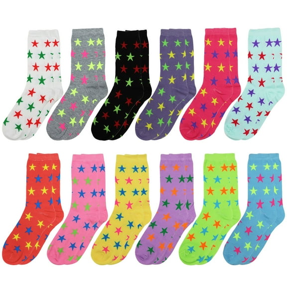12 Pairs Women's Crew Socks Fancy Novelty Designed Size 9-11 Multicolor Assorted Stars