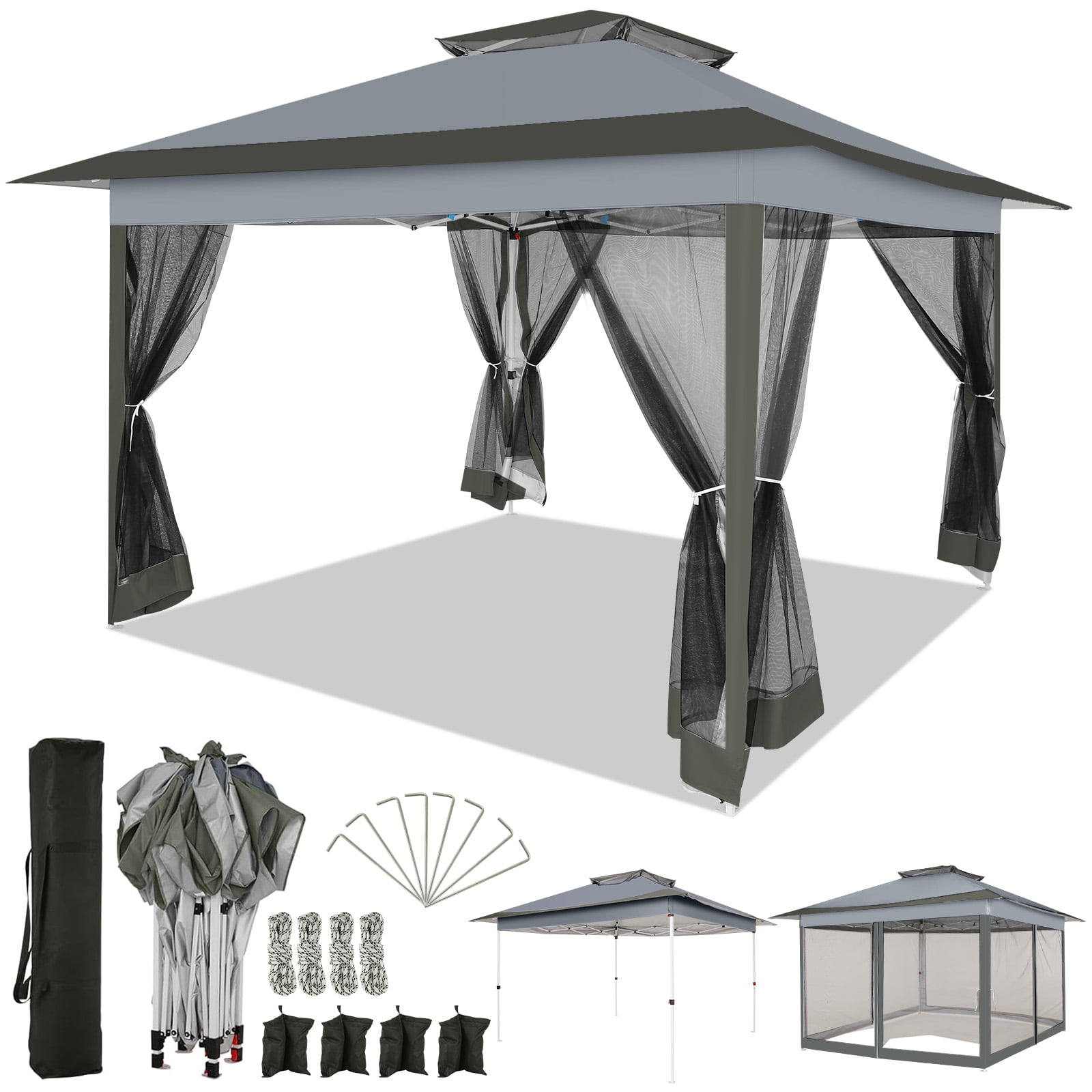 HOTEEL 12x12 EZ Pop Up Gazebo Tent with Sidewalls,Patio Gazebo Instant Shelter for Outdoor Party Camping Backyard Beach with Carry Bag,Stakes,Ropes,Gray