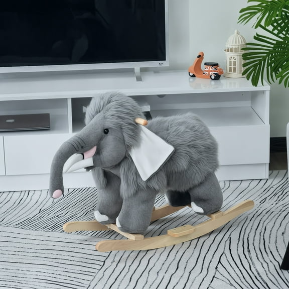 Qaba Kids Ride-On Rocking Horse Toy Mammoth Style Rocker with Fun Music & Soft Plush Fabric for Children 3 Years