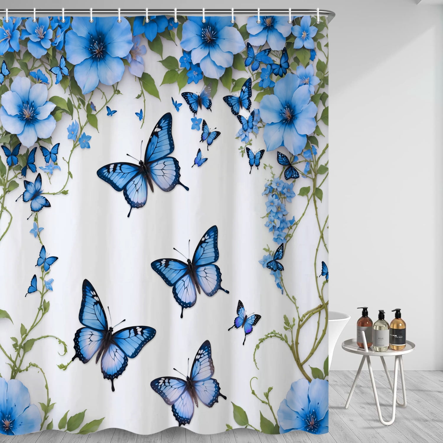 SUNOLIFE Blue Butterfly Shower Curtain，Spring Floral Fabric Bathroom Curtain with Hooks,72x78 in