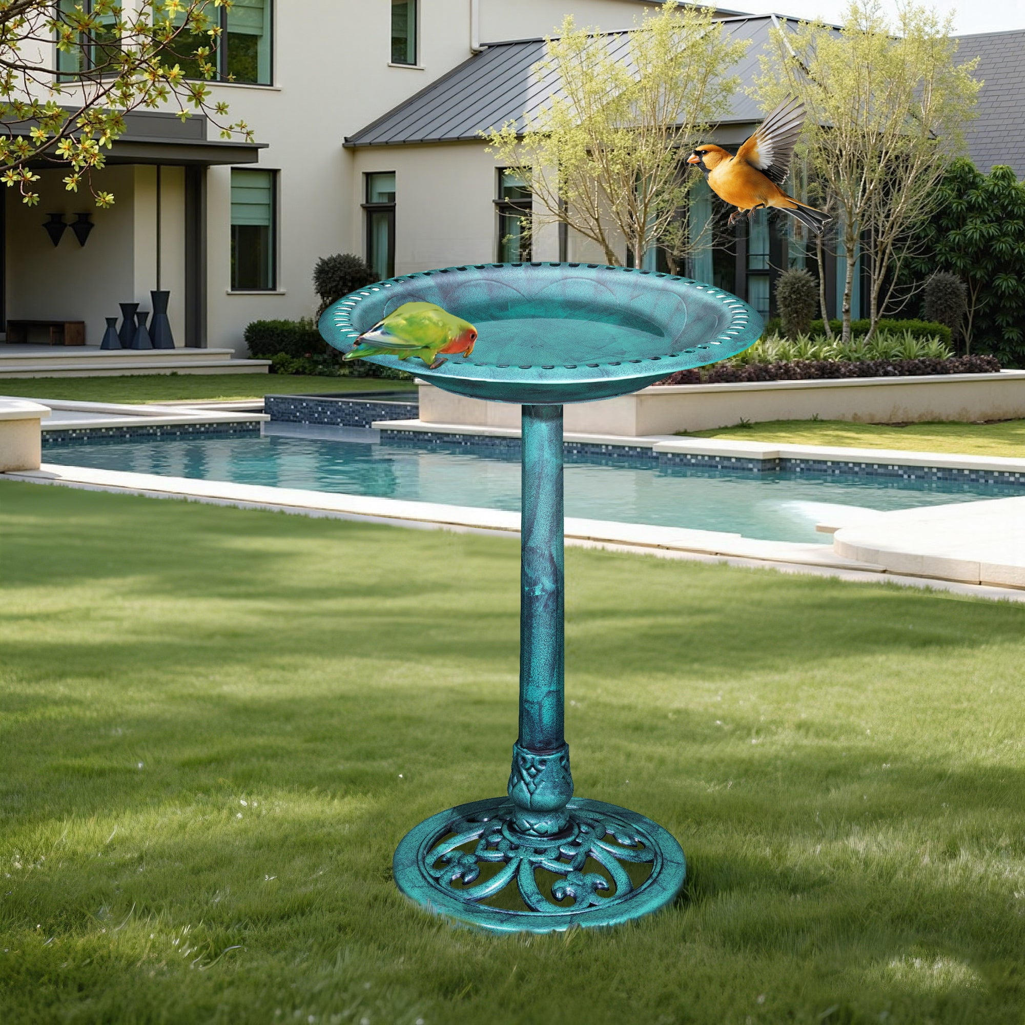 VECELO 28" Height Pedestal Birdbath Outdoor Garden Decor, Vintage Yard Art Bird Baths, Green