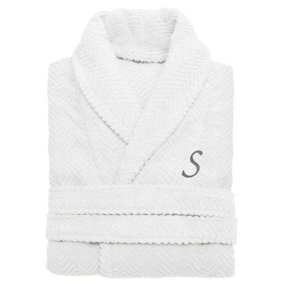 Authentic Hotel and Spa  White with Grey Monogrammed Herringbone Weave Turkish Cotton Unisex Bath Robe R S/M