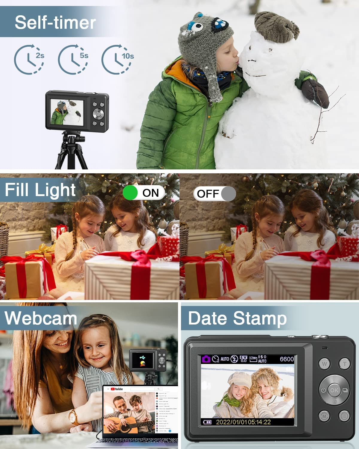 Digital Camera Kids Camera FHD 1080P 44MP Youtube Vlogging Camera 16X Zoom Portable Digital Cameras for Teens Seniors with 32GB Card (Black)