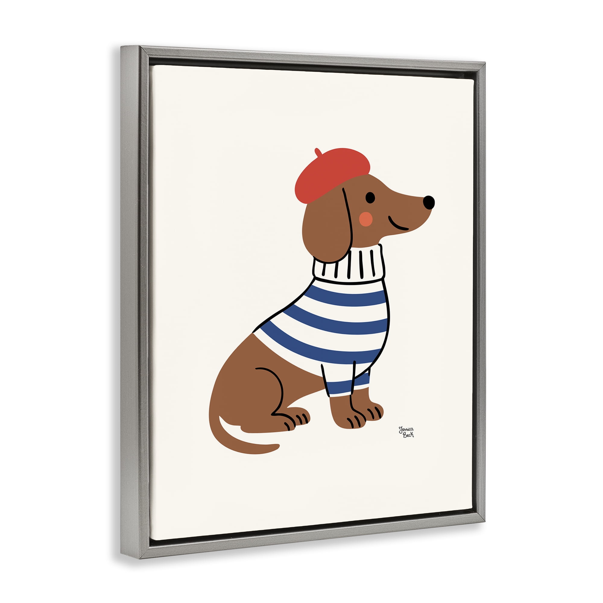 French Dachshund in Beret Gray Framed Floater Canvas Wall Art, design by Jessica Beck