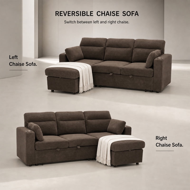 82.5" L-Shaped Convertible Sleeper Sofa, Pull-Out Sectional Sofa Bed with Storage Chaise, Cup Holders & 2 Lumbar Pillows, Modern Sofa Couch for Living Room, Apartment