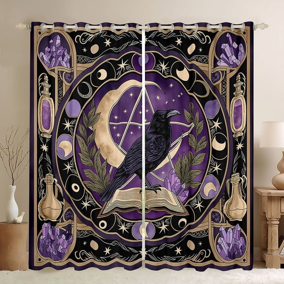Homewish Halloween Crow Kitchen Curtains, Witch Magic Book Black Out Curtains Pack of 2 (42x63 Each)
