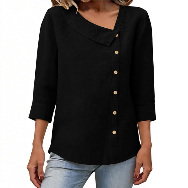 Tops de Color Sólido para las Mujeres Camisa de Botón Casual 3/4 Manga Cuello Redondo Tops de Lino para las Mujeres Primavera Verano