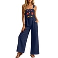 thumbnail image 3 of Women's Boho Jumpsuit Embroidered Floral Romper Square Neck Sleeveless Wide Leg Jumpsuit with Pockets Casual Linen Blend Outfit for Women, Navy, 2XL, 3 of 8