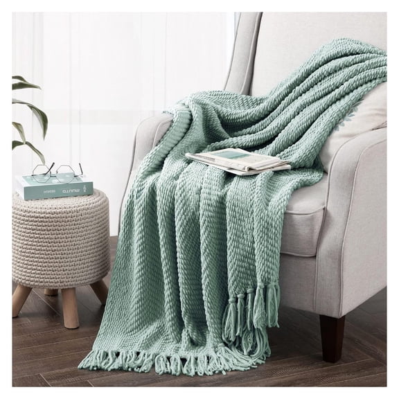 Throw Blanket for Couch Soft Knitted Textured Couch Cover Tweed Blanket with Fringe Tassel for Home Décor Bed Sofa Chair, 60" x 80", Greenish Blue