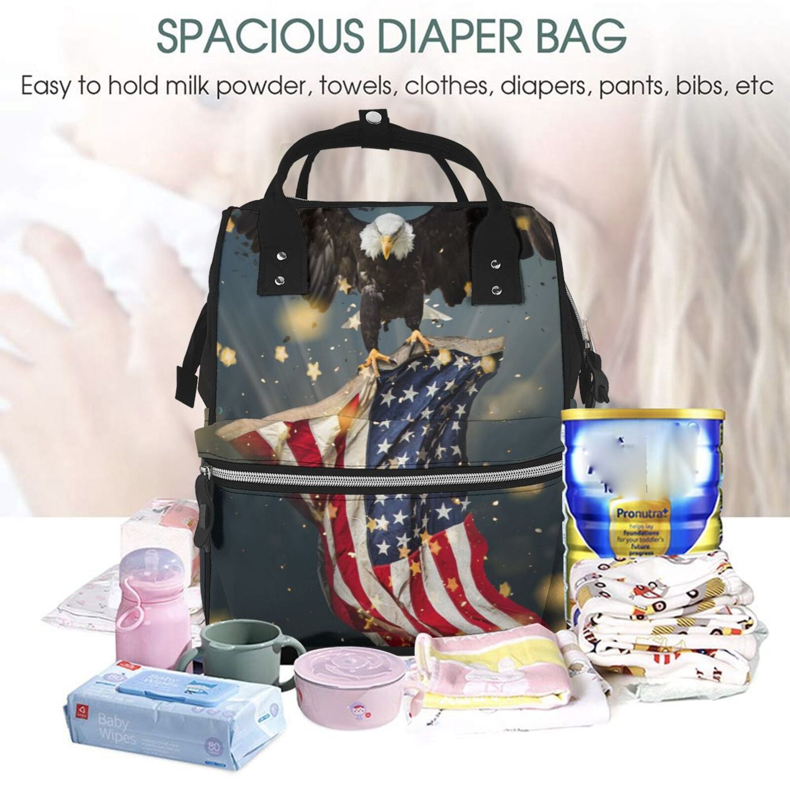 Ratiio North American Bald Eagle1 Mummy Backpack - Waterproof Twill Canvas, Large Capacity Diaper Bag with Multiple Pockets and Adjustable Straps