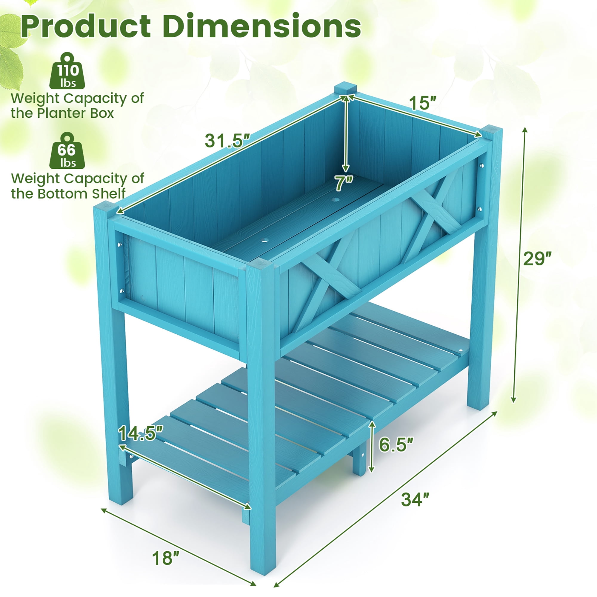 Gymax HIPS Raised Garden Bed Poly Wood Elevated Planter Box w/ Legs & Storage Shelf Blue