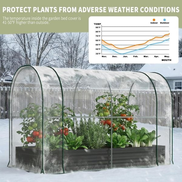 SLSY Galvanized Raised Garden Bed with PVC Cover,Metal Planter Bottomless Box w/ Roll-Up Window,Mini Greenhouse Tent for Vegetables Flower Fruit