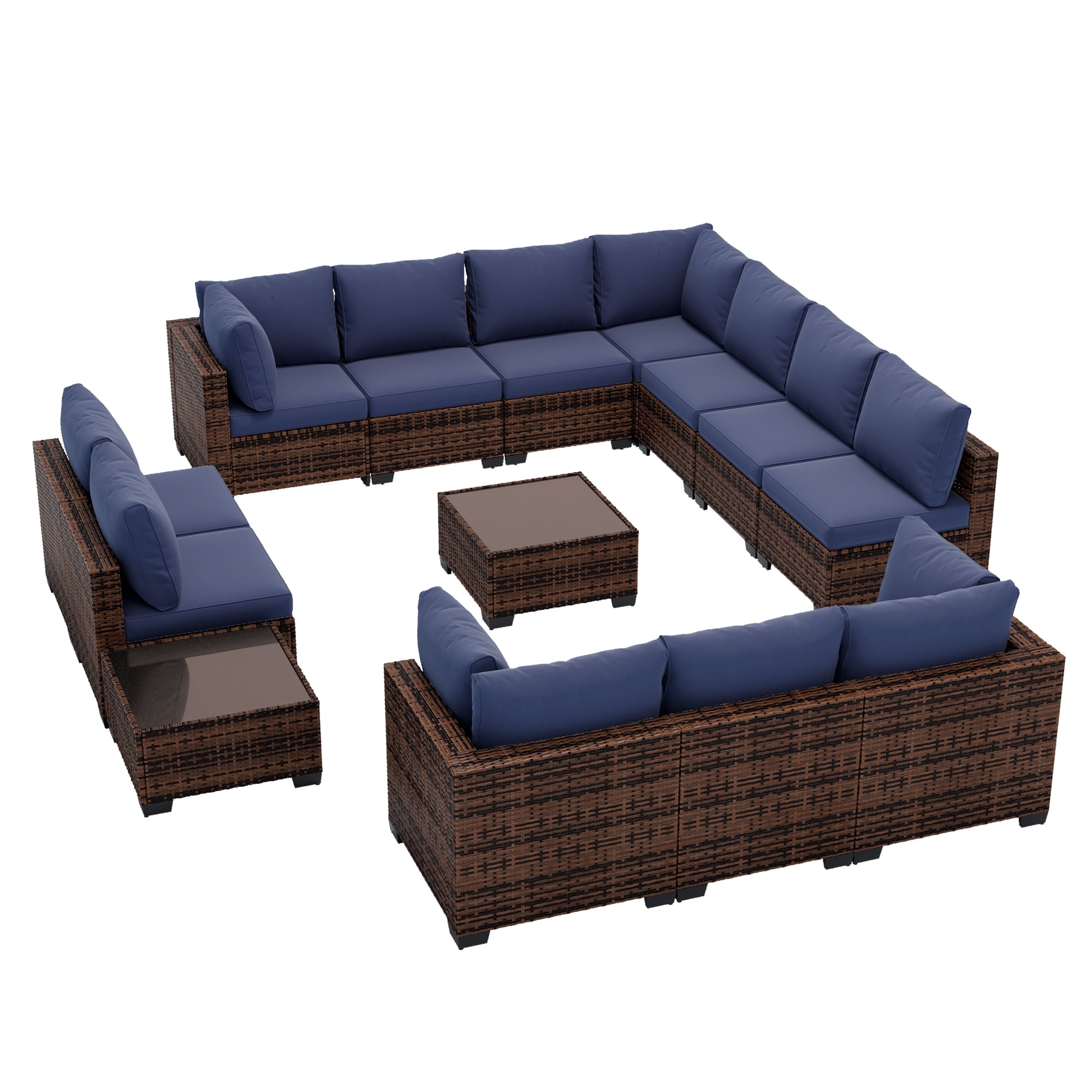 FHFO 14-Piece Patio Furniture Set, Wicker Outdoor Conversation Sectional Sofa with 2 Coffee Tables, for Backyard, Poolside & Garden, Brown&Blue