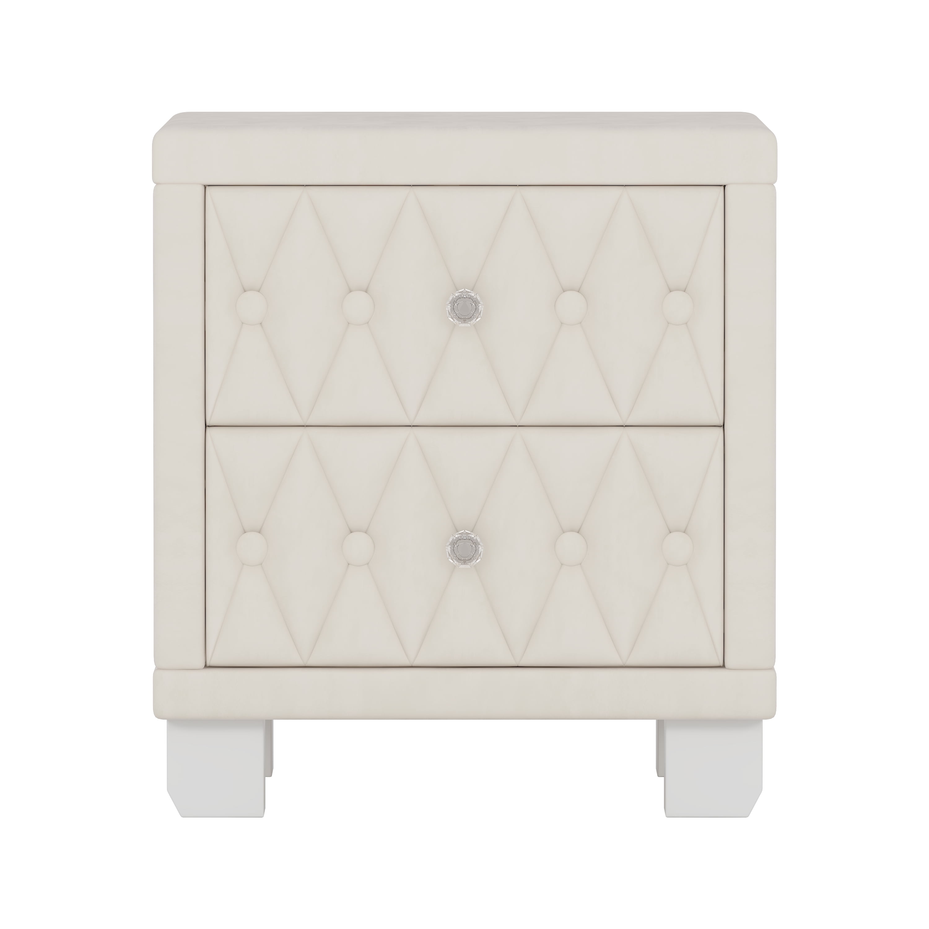 Euroco Velvet Nightstand with 2 Storage Drawers and Crystal Handle,Bedside Table End Table with Button-Tufted for Bedroom Living Room,Beige