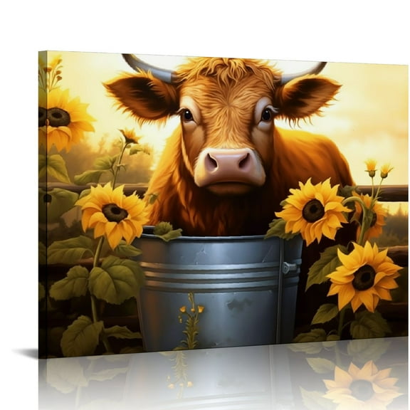 Orinice Funny Highland Cow in Barrel - Animal Aesthetics Canvas Printed - Hand Painted Canvas Wall Art - Ideal for Farmhouse Living Room Decor Bathroom Decor Gifts 20x16in