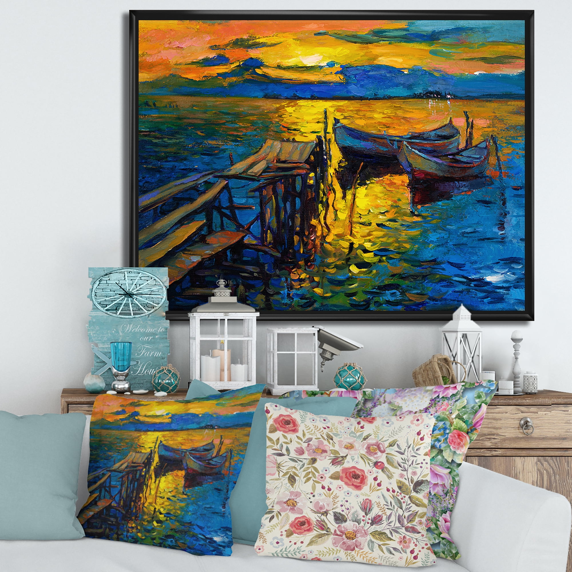 Designart 'Boat At The Lake During Evening Glow II' Nautical & Coastal Framed Canvas Wall Art Print