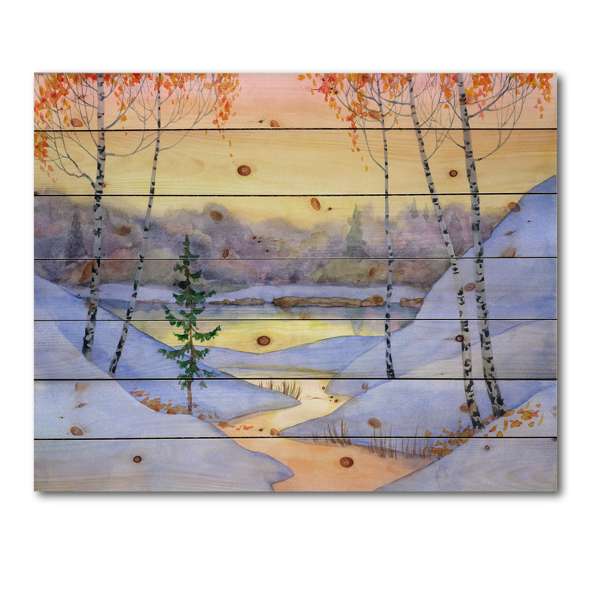 Designart 'Stream Through The Winter Forest II' Lake House Print on Natural Pine Wood