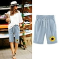 thumbnail image 2 of Drawstring Elastic High Waist Bermuda Shorts for Women Floral Print Cotton Linen Capri Shorts Plus Size with Pocket Light Blue,S, 2 of 5