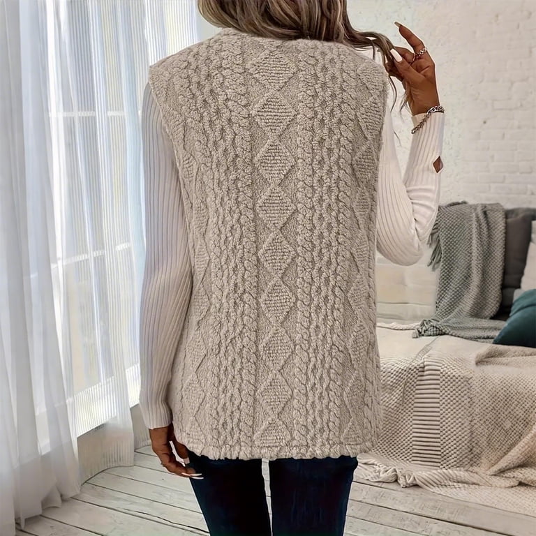 Women's 100% Cashmere Sleeveless Cardigan Sweater Vest – Cable Knit, V-Neck, Beige, XXL