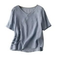 thumbnail image 1 of Pisexur Womens Tops 2024 Summer Short Sleeve V Neck Linen Shirts Retro Embroidered Blouses Bottom Button Solid Color T Shirts Loose Flowy Pullover Tops, 1 of 4
