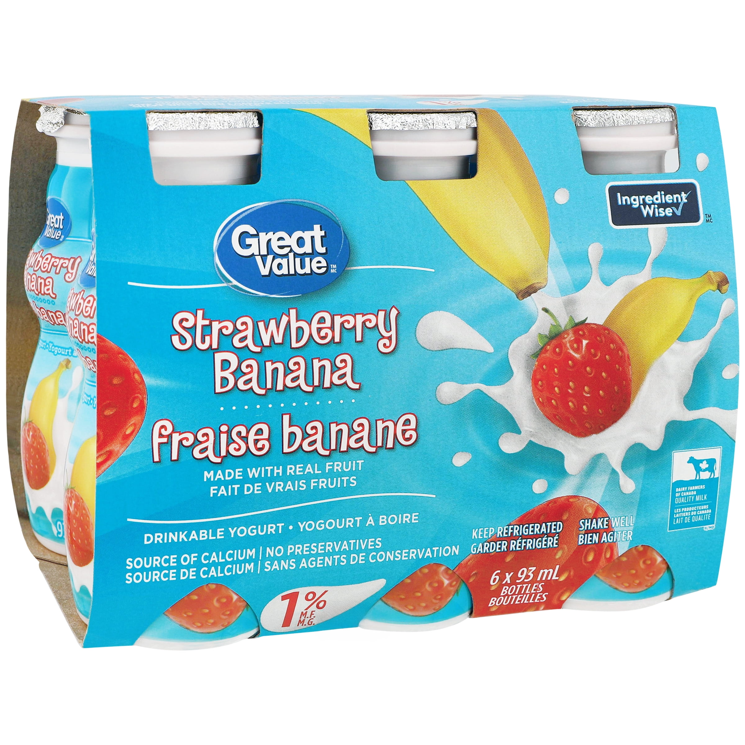 Yogourt à boire fraise-banane Great Value 6 x 93 mL