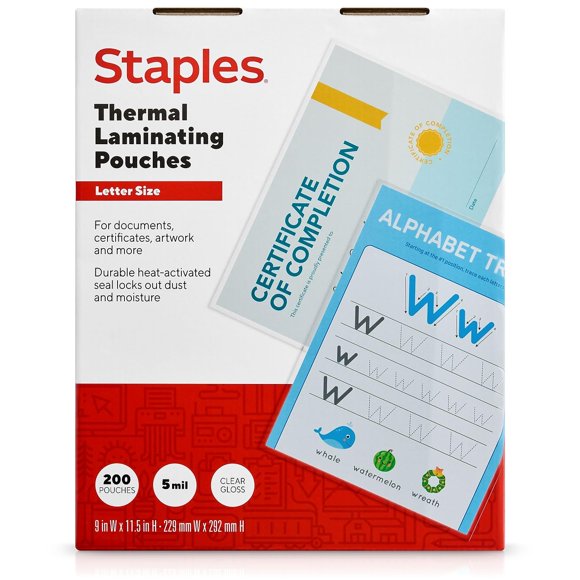 Sobres de laminado STAPLES tamaño carta 5 mil, paquete de 200