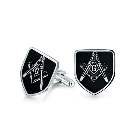 - Freemasons Masonic Compass Symbol Shield Shape Cufflinks For Men Black Silver Two Tone Stainless Steel Hinge Back