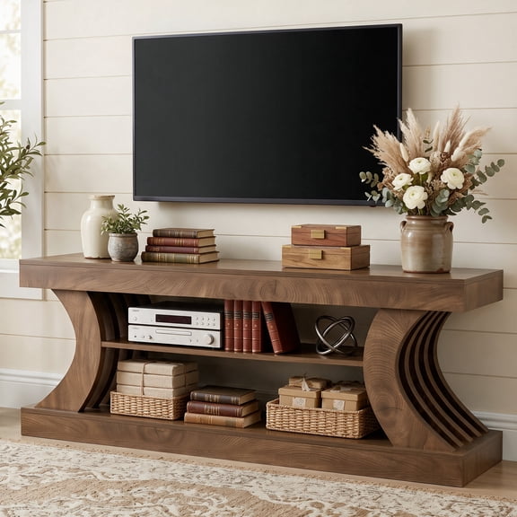 Fnova 63" Farmhouse TV Stand for TVs up to 75", 3-Tier Entertainment Center with Open Storage Shelves, Media Console Table with Curved Design for Living Room Bedroom, Brown