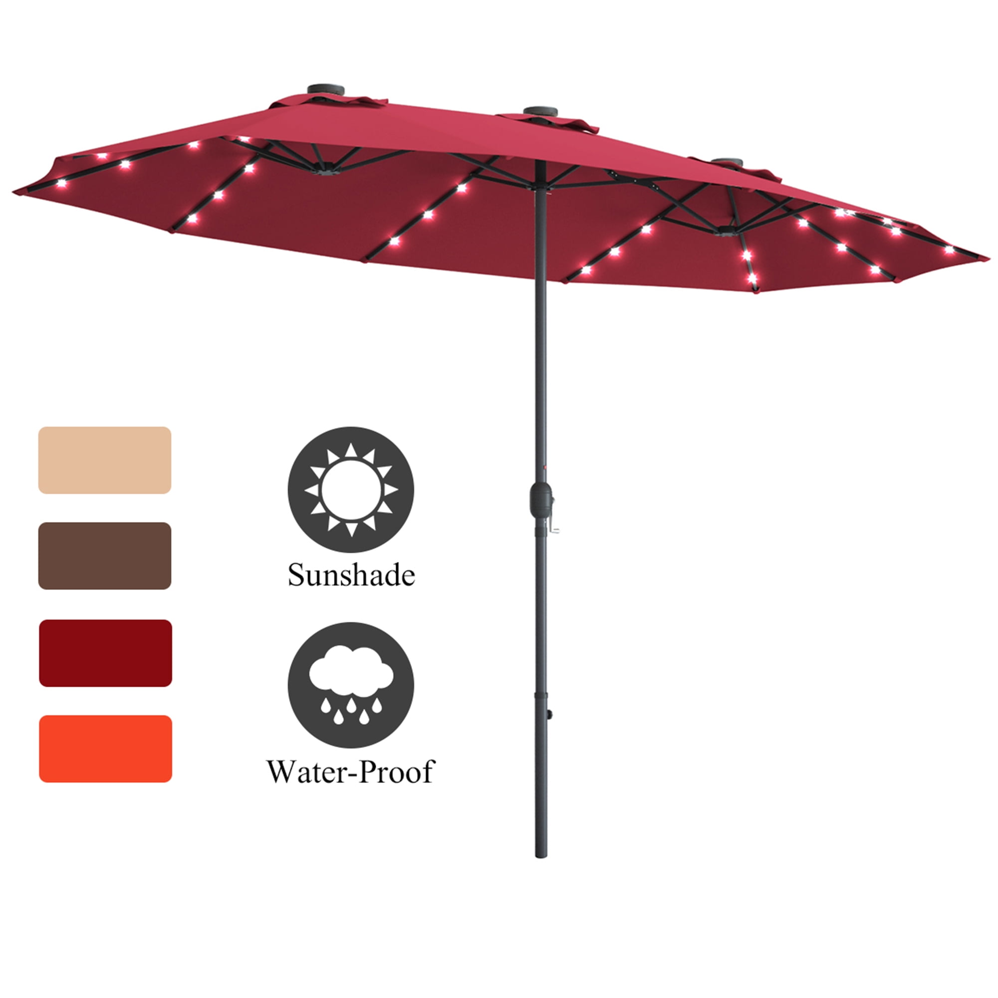 Gymax 15Ft Solar LED Patio Outdoor Double-Sided Umbrella w/ 36 Lights Crank Burgundy