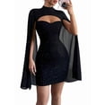 thumbnail image 1 of Women'S Round Neck Ribbed Chiffon Dress with Pearl Detail Cape Style Bodycon Slip Dress, 1 of 7