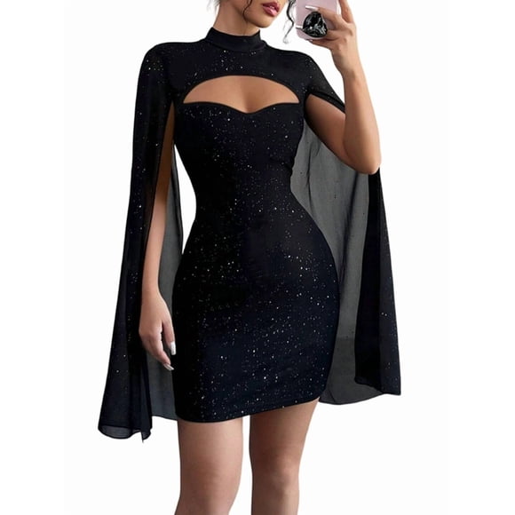 Women'S Round Neck Ribbed Chiffon Dress with Pearl Detail Cape Style Bodycon Slip Dress